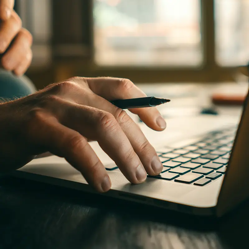 A hand hovers over a laptop keyboard, ready to type.